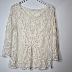 Express Lace Sheer Mesh Boho Top With Swirl Design Ivory Estimated Size M/L
